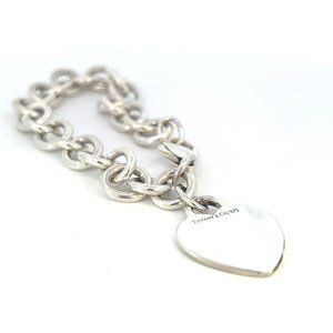 Tiffany & Co. Heart Tag Charm Rolo Link Bracelet Sterling Silver 7.5"